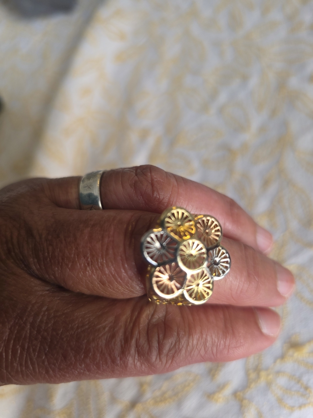 Tri-Tone Floral Cluster Ring -Gold Plated. Stainless Still Women Jewelry